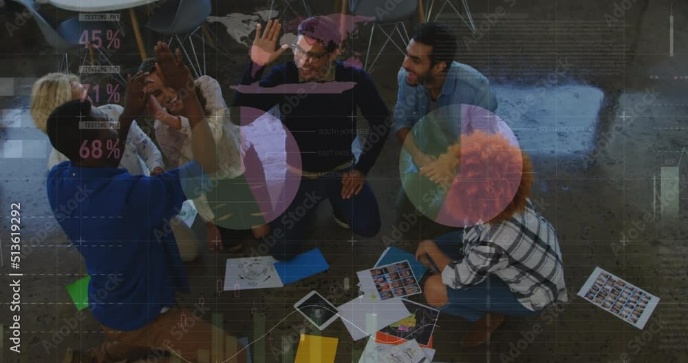Poster Animation of data processing over diverse business people discussing work