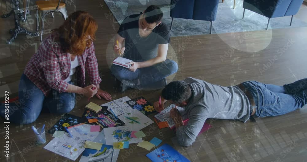 Poster animation of data processing over diverse business people discussing work