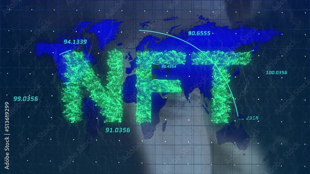 Poster animation of data processing and nft text over eyes