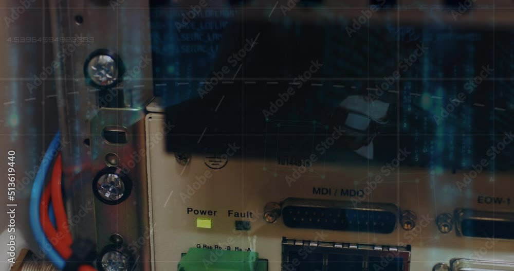Poster data processing over close up of a computer server against male hacker