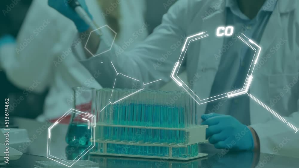 Poster animation of data processing over caucasian scientists using pipette