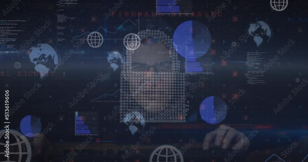 Poster animation of data processing and caucasian male hacker over black background