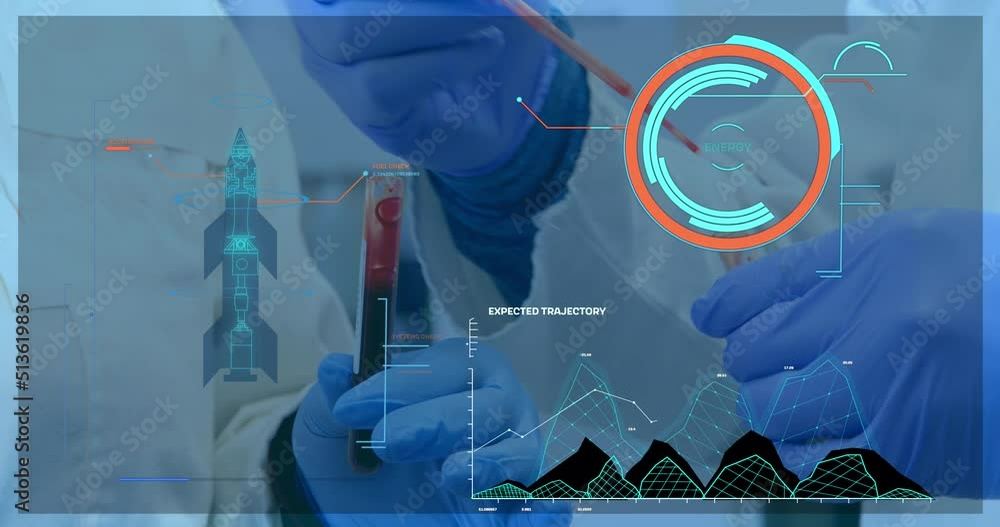 Poster animation of data processing over doctors with test tubes