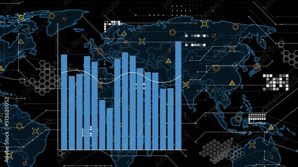 Poster animation of financial graphs, data and world map on black background