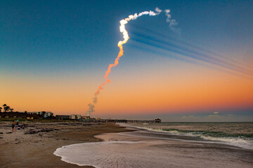 An Atlas V rocket launch from Kennedy Space Center viewed from Cocoa Beach, Florida