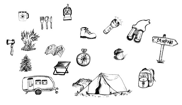Set di icone di equipaggiamento da campeggio. Illustrazioni a mano libera nere isolate su sfondo bianco