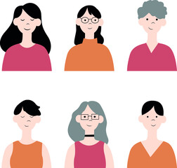 Set of portraits of people. Diverse female faces of different ages. Happy modern young and old avatars. Character pack. Flat vector illustration isolated on white background