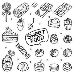 Sweet Food Doodle outline Vector Set. Collection of chocolate candy sweet food illustration in engraving style