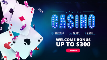 Online casino, blue banner for website with button, welcome bonus, casino playing cards and poker chips on blue background