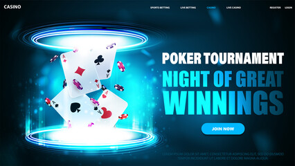 Poker tournament, dark and blue horizontal banner with button and playing cards with poker chips inside blue portal made of digital rings in dark empty scene