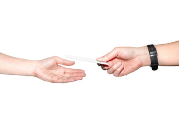 Businessman's hand holding blank paper business card, giving to another person palm. Closeup arms isolated on white background.