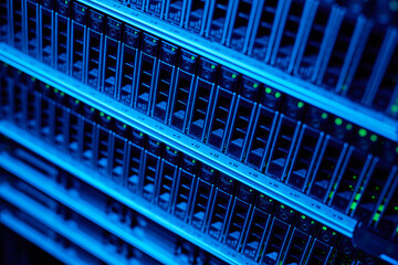 Background image of blade servers in blue neon light stacked in data center, copy space