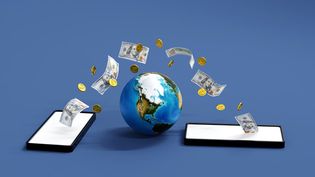 Mobile banking concept, coin and dollar banknote moving from smartphone to other cellphone, online money transfer, 3D rendering. Element by NASA.