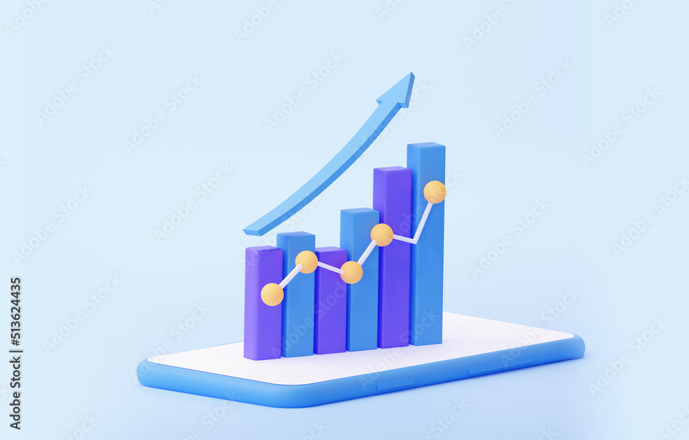 Poster 3d illustration. analytical diagram. .a histogram with an up arrow on a smartphone. the concept of b