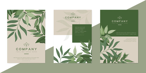 Beige posters set with green leaves. Design template for company organic bio logo, natural and eco products, cosmetic, pharmacy, medicine. Vector EPS10