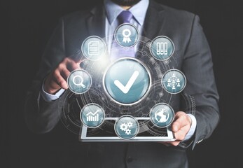 Quality management with Quality Control and improvement. Standardization and certification concept. Compliance to regulations and standards. Concept with manager.