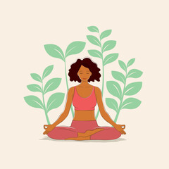 Obraz na płótnie Canvas Afro African American woman practicing meditation and mindfulness by doing yoga in lotus position with nature background. Flat cartoon style. Healthy and lifestyle concept. Vector illustration.