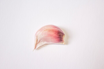 a clove of garlic lies on a white background