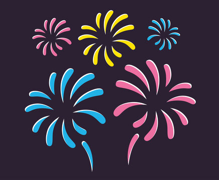 Fireworks display in a dark night sky flat design vector illustration