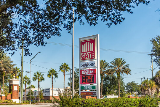 Jacksonville, USA - October 19, 2021: Sign for Gate local gas station and Best Bean coffee with diesel price and Wells Fargo ATM in north Florida downtown city