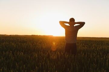 silhouette of man looking at beautiful landscape in a field at sunset.