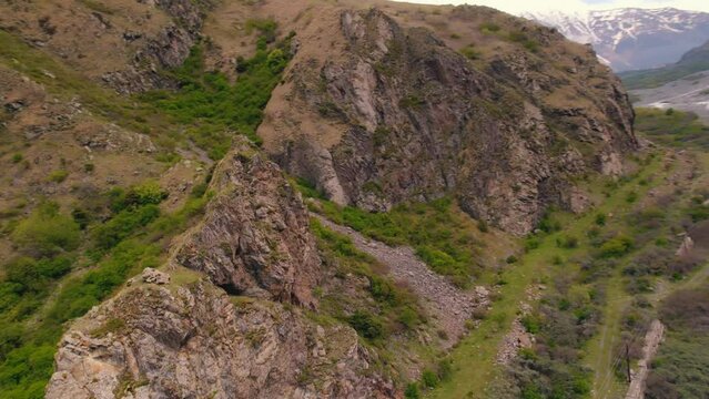 ascending view of Dariali gorge in Kazbegi, Georgia. High quality 4k footage
