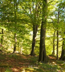 digital impressionist style painting of a springtime woodland with large beech trees with bright green glowing leaves illuminated by bright morning sunshine and bluebells growing on the ground