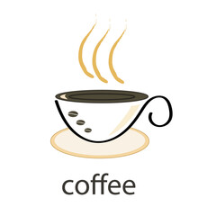 Black coffee cup on a saucer with smoke. Vector logo.