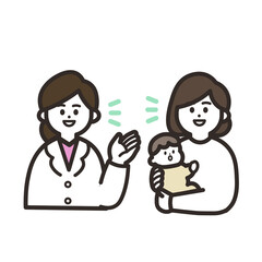話し合う女性の医者と赤ちゃん連れの女性