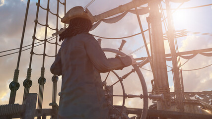 Obraz premium the pirate captain holds the ship's steering wheel and sails across the sea on a sailing pirate ship render 3d
