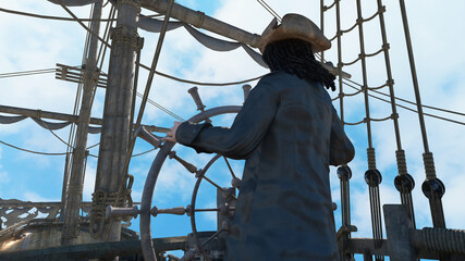 Naklejka premium the pirate captain holds the ship's steering wheel and sails across the sea on a sailing pirate ship render 3d