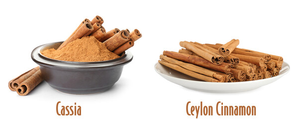 Collage with photos of cassia and ceylon cinnamon sticks on white background. Banner design
