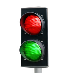 Traffic light with red and green signals on white background