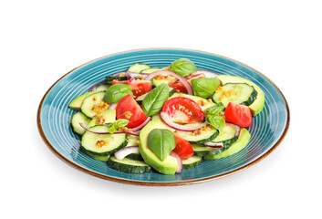 Delicious salad with cucumbers isolated on white