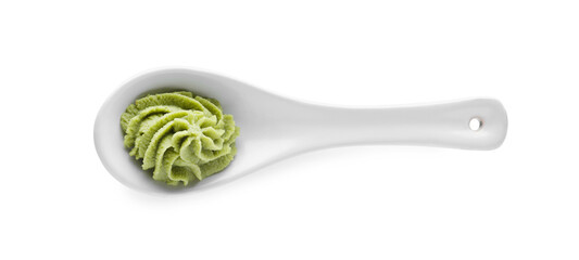 Ceramic spoon with swirl of wasabi paste isolated on white, top view