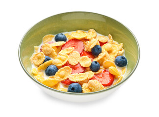 Corn flakes with berries in bowl isolated on white