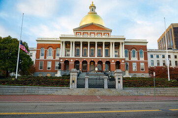 Fototapeta na wymiar Exterior of Massachusetts State House Capitol in downtown Boston. USA