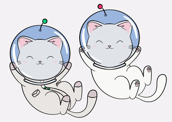 Kosmiczny kotek w kasku i skafandrze unoszący się w przestrzeni kosmicznej. Dwie wersje zabawnego i uroczego kota astronauty, szukających przygód w kosmosie. Ilustracja wektorowa. - obrazy, fototapety, plakaty