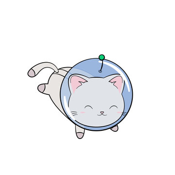 Fototapeta Kosmiczny kotek w kasku i skafandrze. Zabawny i uroczy kot astronauta, szukających przygód w kosmosie. Ilustracja wektorowa.