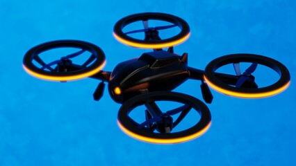 Powerful black drone loaded with some of orange light, most advanced imaging and flight technologies under blue-black background. Concept image of video production. 3D CG.