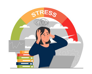 Woman in stress. Girl in panic holds head in front of computer. Employee does not have time to meet deadline, poor time management. Work pressure and burnout. Cartoon flat vector illustration