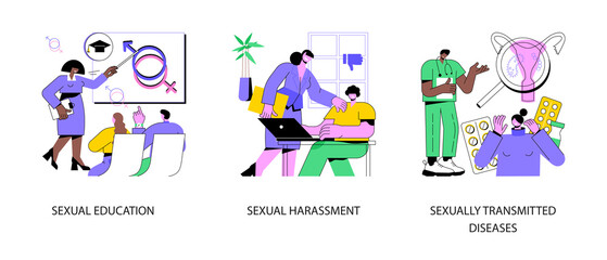 Fototapeta premium Sexual behavior abstract concept vector illustration set. Sexual education, harassment relationships, sexually transmitted diseases, abuse and assault, social interactions abstract metaphor.