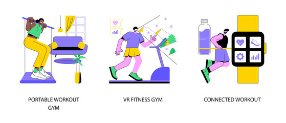 Sport lifestyle abstract concept vector illustration set. Portable workout gym, VR fitness, connected workout, home workout system, virtual reality training session, smart gym abstract metaphor.