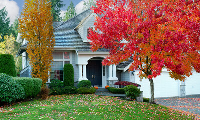 Fototapeta na wymiar Front view of late autumn season with modern residential home