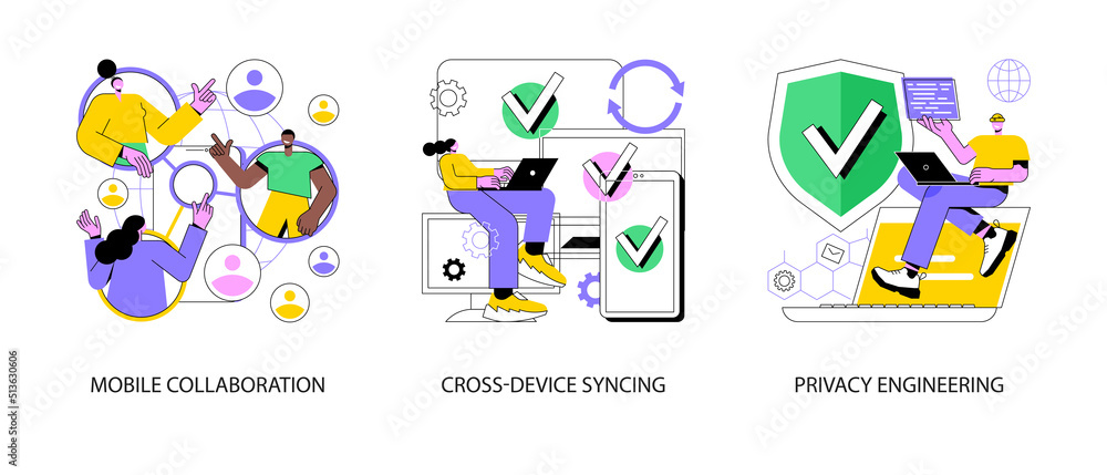 Poster networking app software abstract concept vector illustration set. mobile collaboration, cross-device