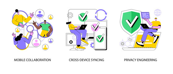 Fototapeta premium Networking app software abstract concept vector illustration set. Mobile collaboration, cross-device syncing, privacy engineering, mobile and desktop versions, personal data defense abstract metaphor.