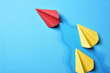 Success leadership strategy concept, rocket paper fly over color blue river,inspiration Individual...