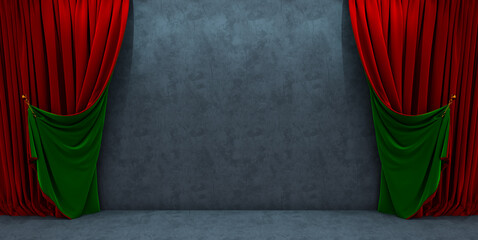 curtains on dark wall background, dark product background room on red and green curtain scene display with luxury fabric backdrops. 3D render