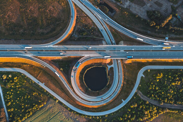 Aerial view of motorway and roundabout, highway