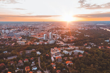 View from a height of the cityscape at sunset, the panorama of the city of Wroclaw, Poland